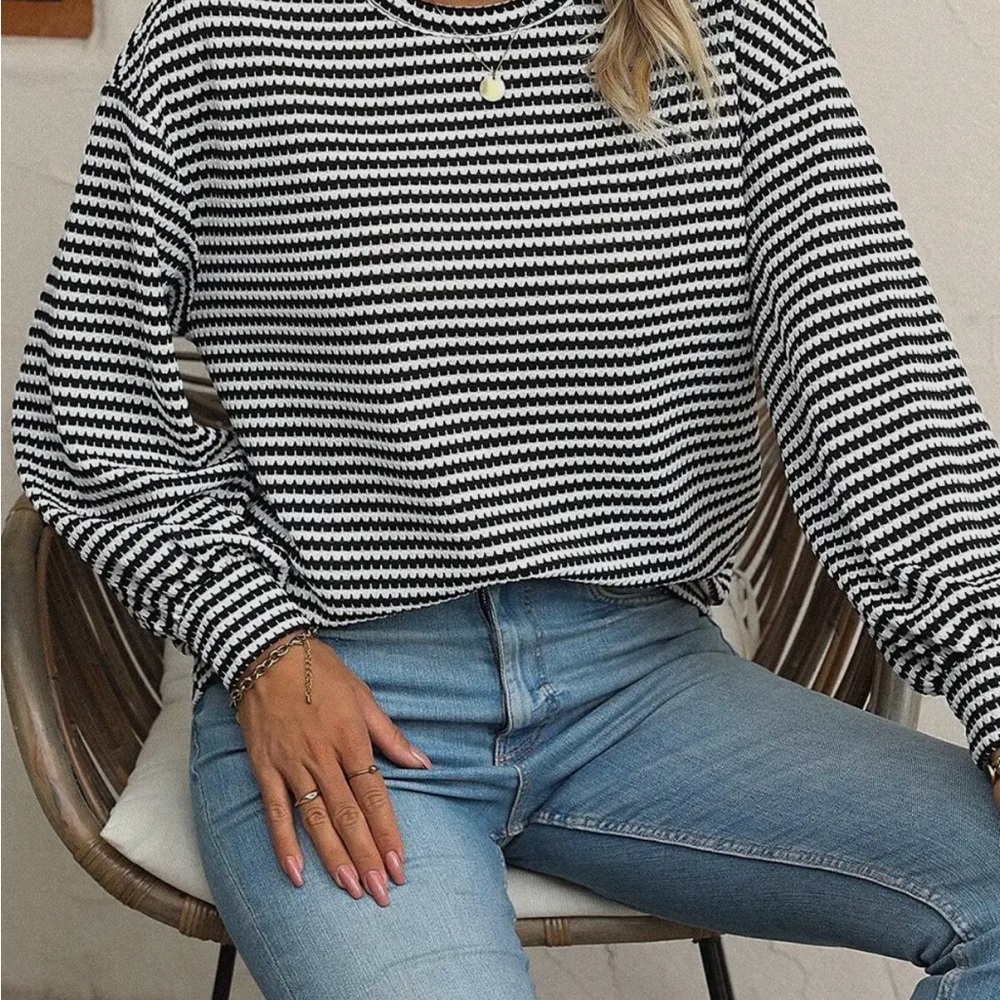 Super Soft Black and White Striped Top with Round neck and drop shoulders (NWT) - Picture 3 of 4